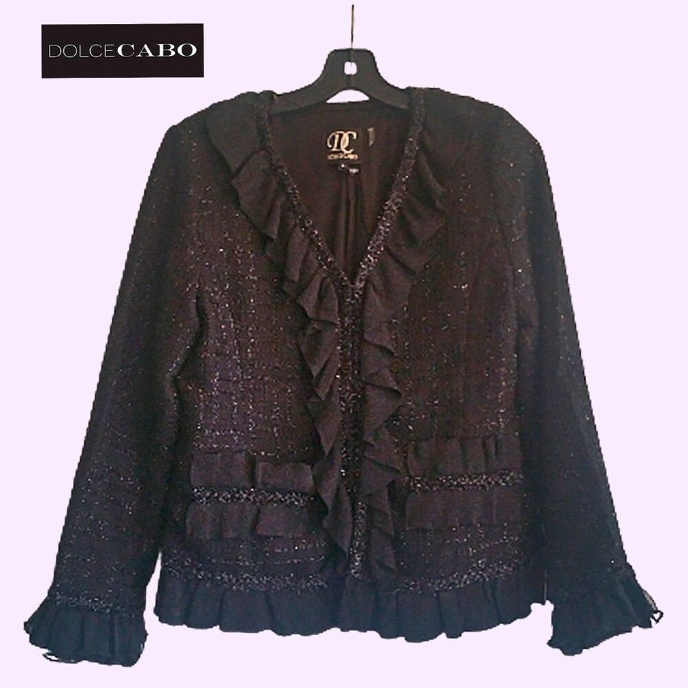 DOLCE CABO NEW Glam Metallic Glitter Ruffled Trim Pockets Jacket L
